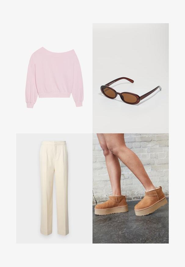 Pink off-the-shoulder sweatshirt featuring long balloon sleeves and a fitted waist. Smooth texture with ribbed cuffs. No patterns or hardware.; Tailored cream-colored trousers with a straight leg, featuring front pleats and a smooth finish. The waistband is flat and without embellishments.; Brown suede ankle boots with a plush lining, thick beige platform sole, and a rear pull tab. Textured surface with visible stitching details.; Round, brown-tinted sunglasses with a glossy burgundy frame. Slim arms with subtle branding detail. Flat lens design.