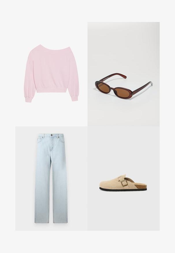 Vaaleanpunainen olalta paljastava huppari, jossa on pitkät pallosleevesit ja kapea vyötärö. Sileä pinta ribatulla hihansuulla. Ei kuvioita tai varusteita.; Vaaleansiniset leveälahkeiset farkut, joissa on korkea vyötärö, etutaskut ja nappisuljenta. Tasaisen sileä farkkukangas, vähäinen kuluminen, suora lahjetyyli.; Beige mokkasiner i semsket skinn med korksåle, rund tå og en enkel stropp med gulltone spenne. Gummisåle for godt grep.; Pyöreät, ruskehtavat aurinkolasit, joissa on kiiltävä burgundinpunainen runko. Kapeat sivut, joissa on hienovarainen brändäys. Litteät linssit.