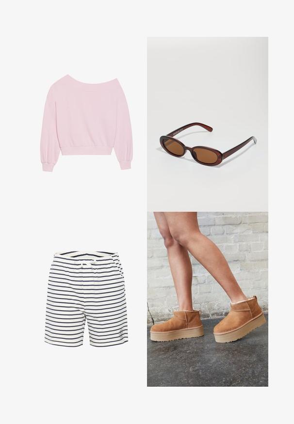 Ružový sveter s odhalenými ramenami, ktorý má dlhé balónové rukávy a priliehavý pás. Hladká textúra s rebrovanými manžetami. Žiadne vzory ani kovové prvky.; Pruhované plavky v bielej a námorníckej modrej farbe, s elastickým pásom a šnúrkou, a malým logom na dolnej prednej strane.; Hnedé semišové kotníkové čižmy s mäkkou podšívkou, hrubou béžovou platformou a zadným pútkom na obutie. Textúrovaný povrch s viditeľnými švami.; Okrúhle slnečné okuliare s hnedým nádychom a lesklým burgundským rámom. Úzke ramená s jemným brandovaním. Plochej šošovky dizajn.; Ružová taška na rameno vyrobená z textúrového materiálu, so zvýraznenými dlhými užšími rúčkami a embosovaným logom na prednej strane. Zips na vrchnej strane.