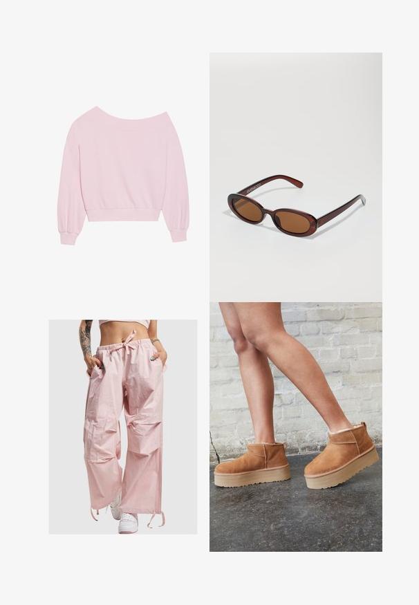 Roze off-the-shoulder sweatshirt met lange ballonmouwen en een aansluitende taille. Gladde textuur met geribbelde manchetten. Geen patronen of hardware.; Roze, lichte, oversized broek met een elastische tailleband, strikdetail en zijzakken. Glad materiaal met minimale merkaccenten.; Bruine suède enkelboots met een zachte voering, dikke beige plateauzool en een achterste lus. Getextureerde oppervlakte met zichtbare stiksels.; Ronde, bruin getinte zonnebril met een glanzend bordeauxrood frame. Slanke pootjes met subtiele merkdetails. Vlakke lensontwerp.; Roze draagtas gemaakt van textuurmateriaal, met twee lange handvatten en een opgedrukte logo aan de voorkant. Ritssluiting aan de bovenkant.