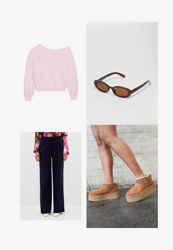 Roze off-the-shoulder sweatshirt met lange ballonmouwen en een aansluitende taille. Gladde textuur met geribbelde manchetten. Geen patronen of hardware.; Marineblauwe wijde broek met geplooide voorkant, stevige stof, hoge taille, gecombineerd met witte puntige hakken.; Bruine suède enkelboots met een zachte voering, dikke beige plateauzool en een achterste lus. Getextureerde oppervlakte met zichtbare stiksels.; Ronde, bruin getinte zonnebril met een glanzend bordeauxrood frame. Slanke pootjes met subtiele merkdetails. Vlakke lensontwerp.; Roze draagtas gemaakt van textuurmateriaal, met twee lange handvatten en een opgedrukte logo aan de voorkant. Ritssluiting aan de bovenkant.