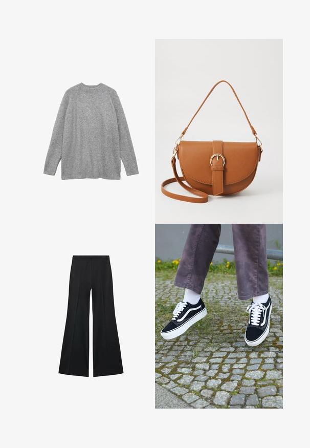 Maglione grigio lavorato a maglia, realizzato in materiale morbido, con un classico scollo a girocollo, maniche lunghe e polsini e orlo a costine.; Pantaloni neri a gamba larga con una texture liscia, caratterizzati da pieghe frontali e un design sartoriale. Il tessuto è leggero e fluido.; Sneaker in suede nero con dettagli bianchi, caratterizzati da una punta arrotondata, suola spessa bianca e design classico con lacci, indossati con calze bianche e pantaloni viola.; Borsa a tracolla in pelle marrone con forma curvata, hardware dorato e un dettaglio con fibbia. Presenta una tracolla rimovibile.