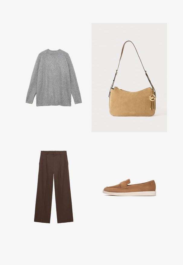 Maglione grigio lavorato a maglia, realizzato in materiale morbido, con un classico scollo a girocollo, maniche lunghe e polsini e orlo a costine.; Pantaloni a gamba larga marroni realizzati in un tessuto liscio, con vita alta, pieghe frontali e due tasche laterali.; Scarpa slip-on in suede marrone con suola piatta, caratterizzata da un ampio dettaglio a fascia nella parte anteriore e un design semplice e minimale.; Borsa a spalla in suede marrone chiaro con forma arrotondata, hardware dorato e chiusura con cerniera. Presenta un charm attaccato con le iniziali "MK."