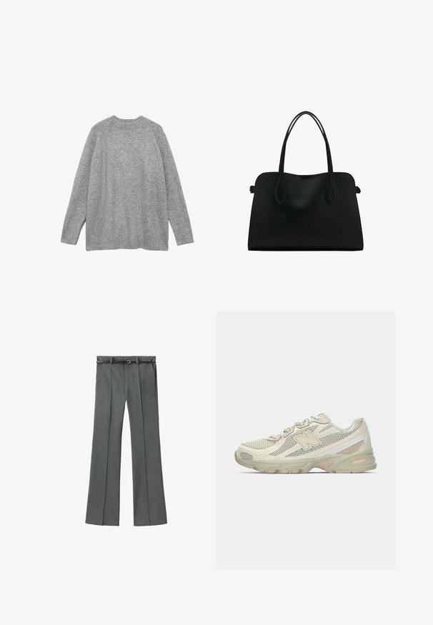 Sivopleteni pulover iz mehkega materiala, ki ima klasičen okrogli izrez, dolge rokave ter rebraste manšete in spodnji del.; Sive prirejene hlače z ravno nogavico, lahkotna tkanina, zanke za pas ter ozkim pasom z zmanjšanim srebrom.; Lahki teniske z mrežastim zgornjim delom v bež in smetanasti barvi, z izstopajočim logotipom "N", oblazinjenim podplatom in teksturiranimi poudarki.; Črna usnjena torbica z dvema naramnima trakoma, pravokotne oblike in minimalističnim dizajnom na beli podlagi.
