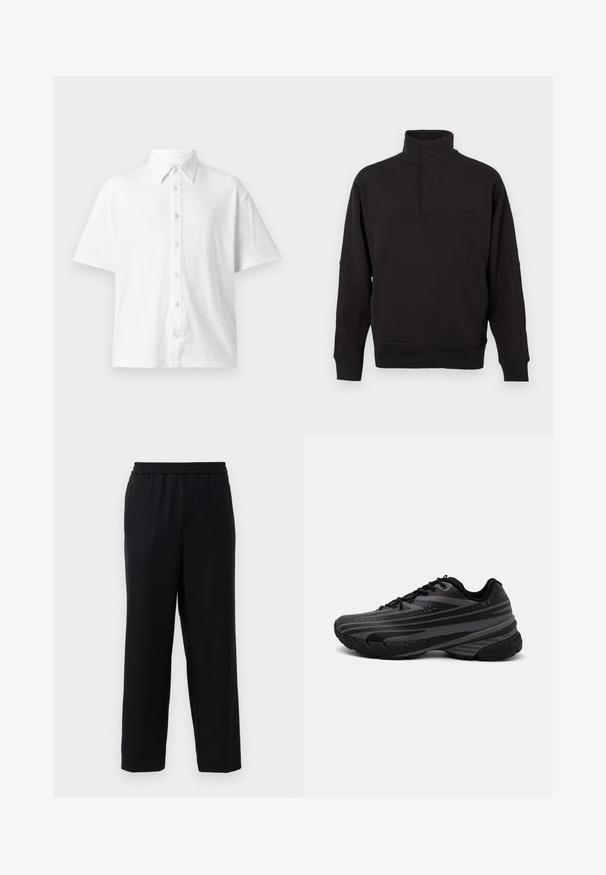 Black pullover sweatshirt made of soft cotton blend, featuring a high neck with button closure, ribbed cuffs, and a relaxed fit.; White short-sleeve button-up shirt made of textured fabric with a classic collar and a line pattern. Six buttons along the front.; Black pants with an elastic waistband, straight leg design, and a smooth, lightweight fabric. No visible pockets or patterns.; Black running shoe with a textured upper featuring gray stripes. Thick sole for cushioning, round toe, and flat laces for secure fit.