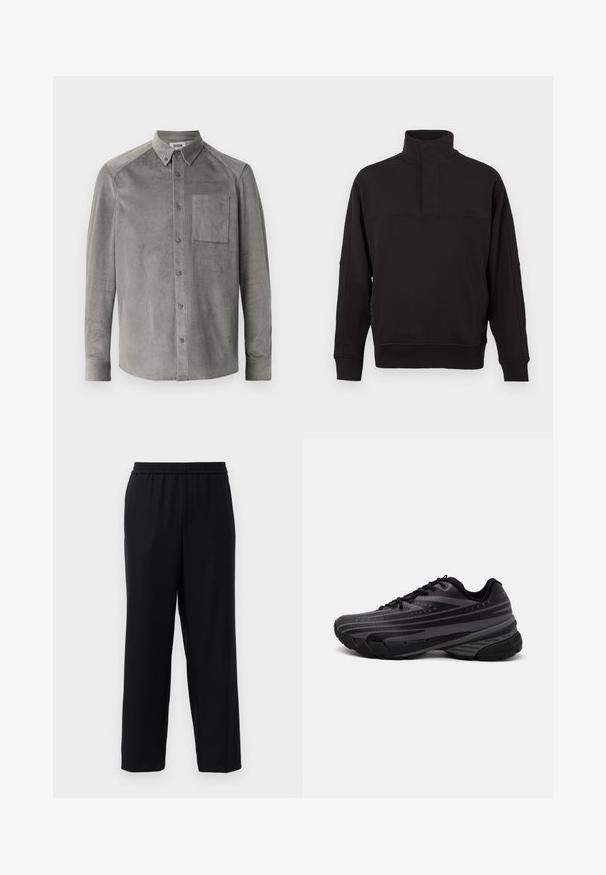 Czarny sweter z miękkiej mieszanki bawełny, z wysokim kołnierzem zapinanym na guziki, ściągaczami i luźnym krojem.; Szara kordurojowa koszula z długim rękawem z kieszonką na przodzie, kołnierzykiem na guziki oraz pionową strukturalną teksturą; standardowy krój z zapięciem na guziki.; Czarne spodnie z elastycznym paskiem, prostym krojem nogawek i gładkim, lekkim materiałem. Brak widocznych kieszeni i wzorów.; Czarna biegowa obuwie z teksturowaną cholewką z szarymi paskami. Gruba podeszwa dla amortyzacji, okrągły czubek i płaskie sznurowadła zapewniające pewne dopasowanie.