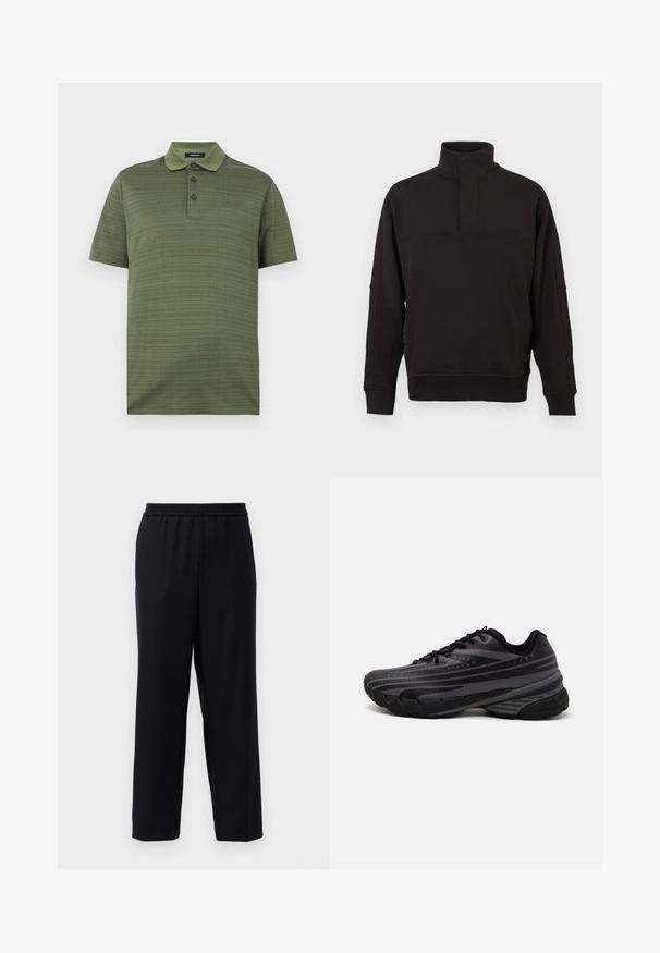 Musta collegepaita, joka on valmistettu pehmeästä puuvillasekoitteesta ja jossa on korkea kaulus napituksella, ribbireunat ja rento istuvuus.; Lyhytsleevinen oliivinvihreä polo-paita, jossa on teksturoitu kangas ja kolme tumman väristä nappia nappilistassa, tasainen kaulus ja suora helma.; Mustat housut, joissa on joustava vyötärö, suora lahje ja sileä, kevyesti materiaali. Ei näkyviä taskuja tai kuvioita.; Mustat juoksukengät, joissa on tekstuuri päällä ja harmaat raidat. Paksu pohja pehmustetta varten, pyöreä varvasosa ja tasaiset nauhat turvallista istuvuutta varten.