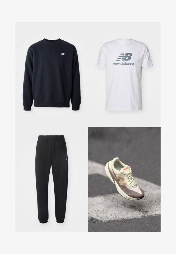 Tmavě modrá mikina vyrobená z bavlněné směsi, s kulatým výstřihem, dlouhými rukávy a malým bílým logem New Balance na hrudi.; Bílý bavlněný tričko s šedým logem "NB" a textem "new balance", krátké rukávy, klasický design s kruhovým výstřihem, hladká textura.; Černé tepláky z měkkého materiálu s elastickým pasem, šňůrkou na stažení a zužujícími se manžetami, s jemným logem na boku.; Lehká atletická obuv s krémovým svrškem a hnědými akcenty, s texturovaným povrchem, tkaničkami a výrazným logem na boku.
