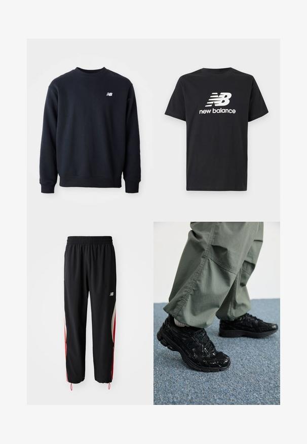 Sweatshirt azul-marinho feito de uma mistura de algodão, com decote redondo, mangas longas e um pequeno logo branco da New Balance no peito.; T-shirt de algodão preta com um logótipo branco da New Balance e design gráfico na frente. Mangas curtas e decote redondo.; New Balance IN GAME TRACK PANT - Calças de fato de treino - black; Sapatilhas desportivas pretas com texturas brilhantes e de malha, apresentando uma sola grossa e atacadores, combinadas com calças cargo largas de cor verde-oliva.