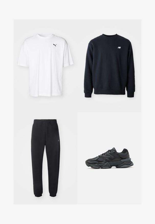 Sweatshirt azul-marinho feito de uma mistura de algodão, com decote redondo, mangas longas e um pequeno logo branco da New Balance no peito.; T-shirt de algodão branco com decote redondo e mangas curtas. Apresenta um pequeno logo preto da Puma no lado esquerdo do peito. Textura suave.; Calças de treino pretas feitas de material suave, com cintura elástica, cordão e punhos ajustados, apresentando um logótipo discreto na lateral.; Sapato de corrida preto com uma combinação de malha e materiais sintéticos, sola robusta, design curvado e uma marca de destaque na lateral.