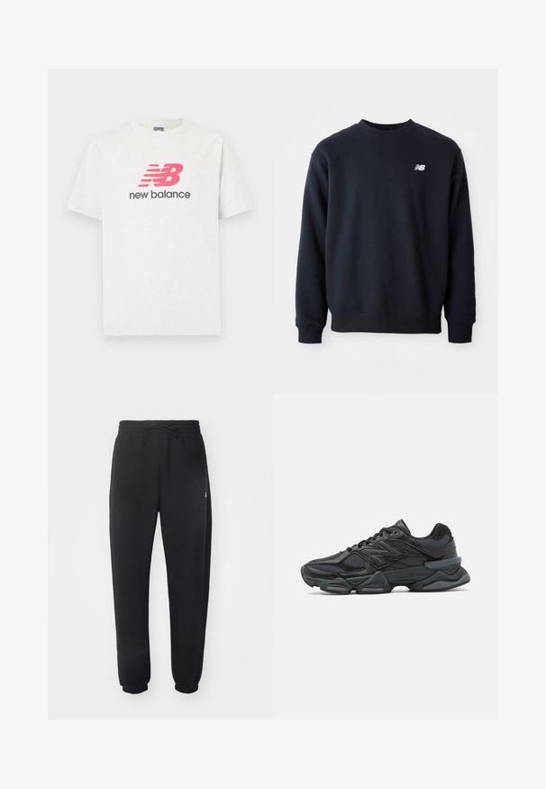 Tamsiai mėlyna džemperis, pagamintas iš medvilnės ir sintetikos mišinio, su apvalia kaklo išpjova, ilgomis rankovėmis ir mažuoju balto New Balance logotipu ant krūtinės.; Balta trumpa rankovė t-shirt, pagaminta iš medvilnės, su ryškiu rožiniu "NB" logotipu, kuriame yra raudonos juostelės ir juodas "new balance" tekstas po juo.; Juodi sportiniai kelniai, pagaminti iš minkštos medžiagos, su elastinga juosmena, raišteliu ir siaurėjantys ties apačia, su subtiliu logotipu šone.; Juodas bėgimo batelis, pagamintas iš tinklinės ir sintetinės medžiagos, turintis stambų pado dizainą, kreivą formą ir ryškią prekės ženklą šone.