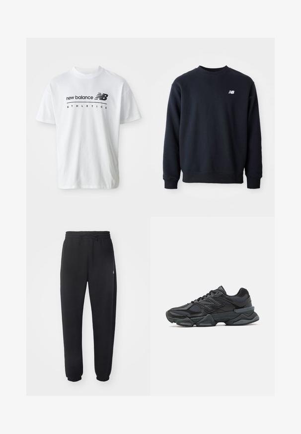 Marineblauwe sweatshirt gemaakt van een katoenmix, met een ronde hals, lange mouwen en een klein wit New Balance-logo op de borst.; Witte katoenen T-shirt met zwarte tekst "new balance" en "ATHLETICS", korte mouwen en een ronde hals.; Zwarte joggingbroek van zacht materiaal met een elastische tailleband, trekkoord en taps toelopende manchetten, met een subtiele logo aan de zijkant.; Zwarte hardloopschoen met een mix van mesh en synthetische materialen, een stevige zool, gebogen ontwerp en prominente branding op de zijkant.