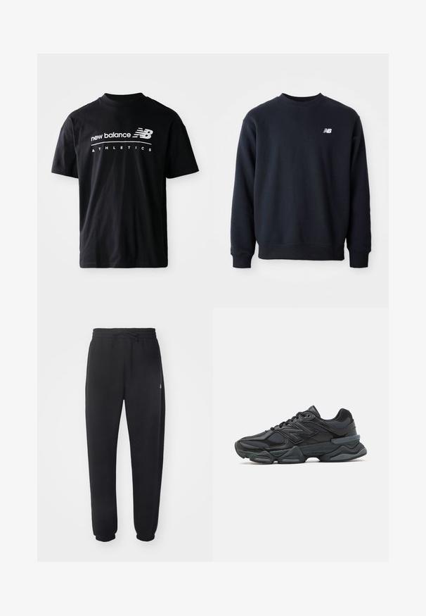 Navy modra majica s kapuco narejena iz mešanice bombaža, z okroglim ovratnikom, dolgimi rokavi in majhnim belim logotipom New Balance na prsih.; Črna bombažna majica s kratkimi rokavi in krožnim izrezom, na sprednji strani pa so beli grafični napisi "new balance" in "ATHLETICS".; Črne trenirke iz mehkega materiala z elastičnim pasom, vrvico in zoženimi manšetami, ki vsebujejo subtilen logotip na strani.; Črne tekaške superge, ki združujejo mrežaste in sintetične materiale, imajo debel podplat, ukrivljen oblikovni slog ter izrazito blagovno znamko na strani.