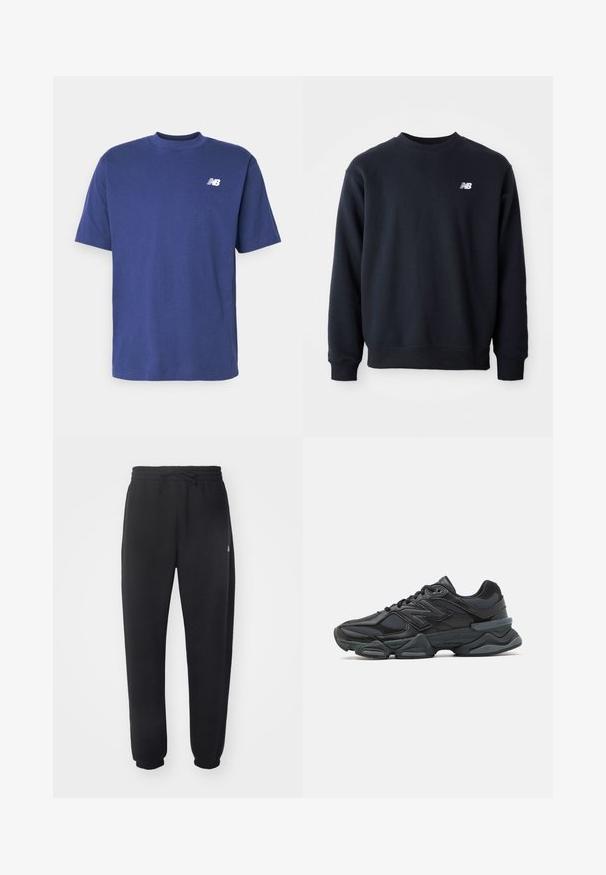 Sweatshirt bleumarin dintr-un amestec de bumbac, cu guler rotund, mâneci lungi și un mic logo alb New Balance pe piept.; Tricou din bumbac de culoare bleumarin închis. Mâneci scurte, guler rotund, cu un logo mic alb pe pieptul stâng. Textură netedă, croială clasică.; Pantaloni de trening negri, dintr-un material moale, cu talie elastică, șnur de ajustare și manșete tapered, având un logo discret pe lateral.; Pantofari de alergare negri, cu un amestec de plasă și materiale sintetice, talpă masivă, design curbat și branding proeminent pe lateral.