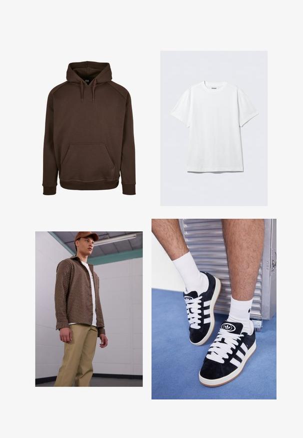 Felpa con cappuccio marrone realizzata in morbido tessuto, dotata di tasca frontale, polsini e orlo a costine. Texture liscia con cordoncini regolabili.; T-shirt bianco a maniche corte realizzato in cotone morbido. Presenta un collo a giro e una vestibilità rilassata, con una texture liscia e un design semplice e privo di decorazioni.; Camicia a quadri marrone con maniche lunghe, abbinata a pantaloni beige, indossata sopra una t-shirt bianca. Il modello si trova in un ambiente interno semplice.; Sneakers in suede nero con lacci bianchi e tre strisce bianche. Presentano un logo circolare nero sulla linguetta e una suola in gomma color gomma.