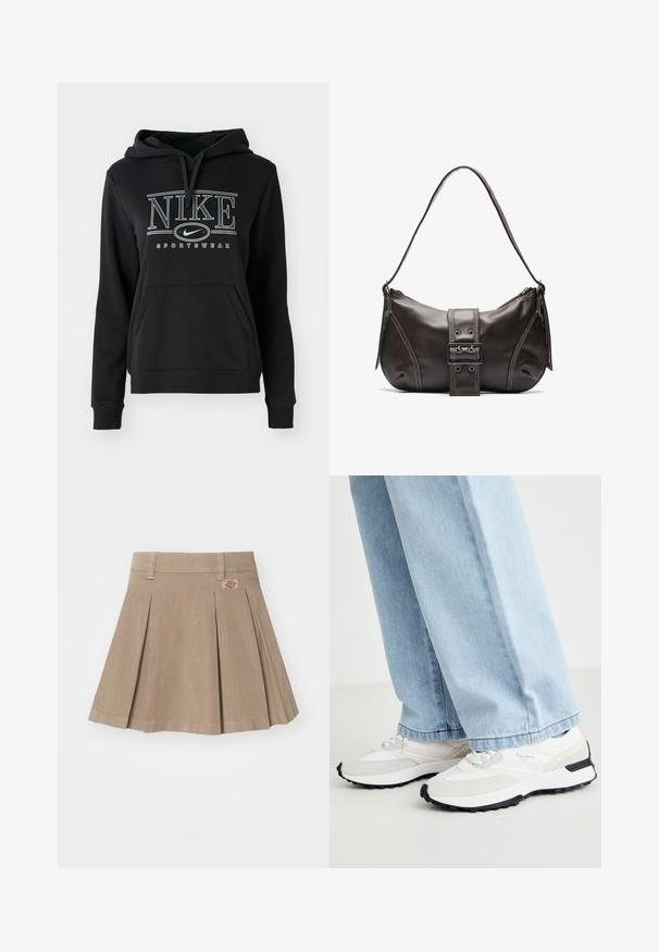 Čierna mikina Nike s kapucňou na šnúrku, prednou klokankovou vreckou a výrazným bielym logom s nápisom "SPORTSWEAR". Mäkká textúra látky.; Béžová plisovaná sukňa vyrobená z texturovanej tkaniny. Má pás s pútkami na opasok a logo nášivku na prednej ľavej strane.; Športové tenisky s bielou sieťovinou, šedými semišovými akcentmi, čiernou gumovou podrážkou a textúrovanými dizajnovými prvkami na bočnej strane.; Hnedá kožená taška cez plece s zakriveným tvarom, s výrazným detailom sponky, kontrastným prešívaním a jedným popruhom na plece.