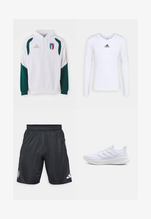 White hoodie with green and gold accents, featuring ribbed sleeves, a kangaroo pocket, and an "Italia" crest on the chest.; Long-sleeve white athletic shirt made of smooth material featuring a black Adidas logo at the chest; V-neck design and fitted shape.; Black athletic shorts made of lightweight material. Features elastic waistband, side pockets, and white adidas logo on the lower right.; White athletic shoes featuring a textured mesh upper, supportive cushioned sole, and three stripe design on the side.