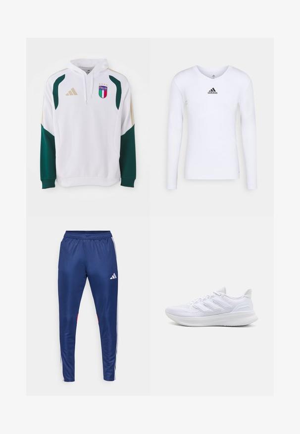 White hoodie with green and gold accents, featuring ribbed sleeves, a kangaroo pocket, and an "Italia" crest on the chest.; Long-sleeve white athletic shirt made of smooth material featuring a black Adidas logo at the chest; V-neck design and fitted shape.; Navy athletic pants made of smooth material with white side stripes, elastic waistband, and a red accent on the lower hem.; White athletic shoes featuring a textured mesh upper, supportive cushioned sole, and three stripe design on the side.