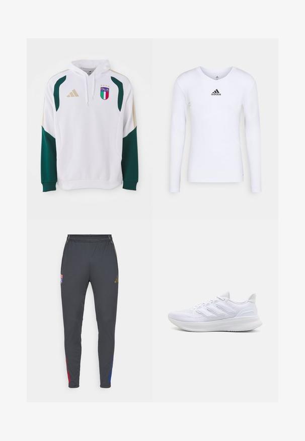 Weißer Hoodie mit grünen und goldenen Akzenten, ausgestattet mit gerippten Ärmeln, einer Kängurutasche und einem "Italia"-Wappen auf der Brust.; Langärmliges weißes Sportshirt aus glattem Material mit einem schwarzen Adidas-Logo auf der Brust; V-Ausschnitt-Design und figurbetonte Form.; Graue Sporthosen im Slim Fit, mit roten und blauen Seitenelementen, elastischem Bund und gesticktem Logo auf der Vorderseite.; Weiße Sportschuhe mit einem strukturierten Mesh-Obermaterial, einer stützenden gepolsterten Sohle und einem drei Streifen-Design an der Seite.