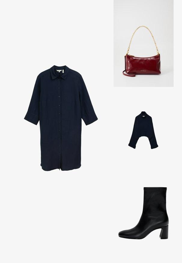 Dunkelblauer gerippter Rollkragenpullover mit einem cropped Design und weiten Ärmeln, der einen umgeschlagenen Kragen und gefaltete Bündchen aufweist. Weicher Stoff.; Navyblaues Leinenhemdkleid mit Kragen, durchgehender Knopfleiste und drei Viertelärmeln. Es hat einen lockeren Schnitt und einen geraden Saum.; Schwarzer Knöchelstiefel aus glattem Leder. Mit quadrater Zehenpartie, elastischem Schaft und einem stabilen Blockabsatz. Minimalistisches Design.; Burgunderfarbene Ledertasche mit glatter Oberfläche, goldener Kettenriemen und Reißverschluss. Prägierte Logo auf der Vorderseite. Kompakt gestaltet.