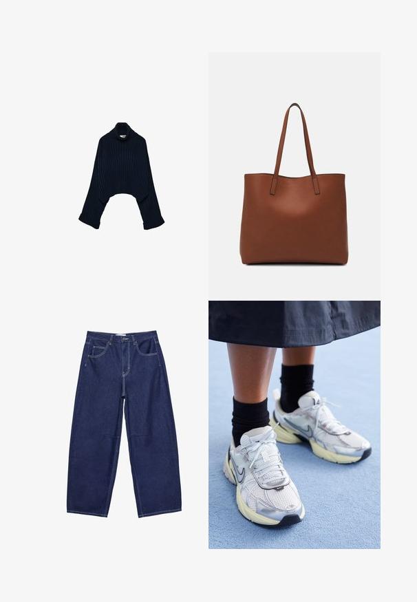 Mornarsko ribačasto pulover s turtleneck izrezom, kračenega kroja in širokimi rokavi, z zavihanim ovratnikom in zloženimi manšetami. Mehek material.; Temno modri široki hlače iz kavčuka z visokim pasom, petimi žepi in kontrastnim belim šivom. Gladka tekstura, klasičen dizajn.; Bele in srebrne Nike teniske z mrežasto tkanino, refleksnimi poudarki in bež podplatom. Nosi se z črnimi nogavicami, stoji na modri površini.; Rjava usnjena torba z gladko teksturo, odprto zasnovo zgoraj in dvema naramnima trakovoma. Opremljena je z minimalnim šivanjem in brez vidnih kovinskih delov.