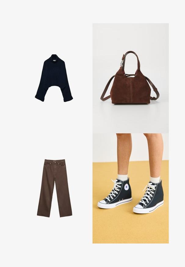 Laaha navy ribbed turtleneck neule, jossa on lyhyt malli ja leveät hihat. Sisältää käärityn kauluksen ja taitetut hihansuut. Pehmeä tekstuuri.; Leviittävät ruskeat farkut, jotka on valmistettu denimistä, korkea vyötärö, etutaskut ja klassinen nappikiinnitys. Silkkinen pinta hienovaraisella ompelutyöllä.; Korkeat tennarit tummansinisestä kankaasta, joissa on valkoiset kumipohjat, nauhat ja yksityiskohdat. Varustettu pyöreällä logolla ja valkoisilla ompelu- vaikutuksilla.; Ruskea mokkatuotepussi, jossa on rakenteellinen muotoilu, kaksoiskahvat ja irrotettava nahkainen olkahihna. Hopeanväriset metalliosat korostavat tyyliä.