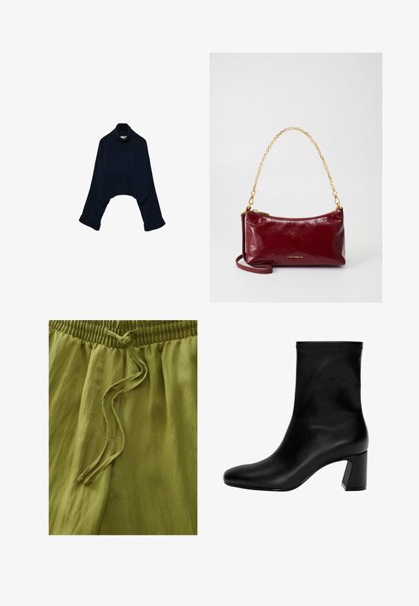 Dunkelblauer gerippter Rollkragenpullover mit einem cropped Design und weiten Ärmeln, der einen umgeschlagenen Kragen und gefaltete Bündchen aufweist. Weicher Stoff.; Olivgrüne Hosen aus leichtem Stoff. Mit einem elastischen Bund und Kordelzug. Glatte Textur mit weichem Fall.; Schwarzer Knöchelstiefel aus glattem Leder. Mit quadrater Zehenpartie, elastischem Schaft und einem stabilen Blockabsatz. Minimalistisches Design.; Burgunderfarbene Ledertasche mit glatter Oberfläche, goldener Kettenriemen und Reißverschluss. Prägierte Logo auf der Vorderseite. Kompakt gestaltet.