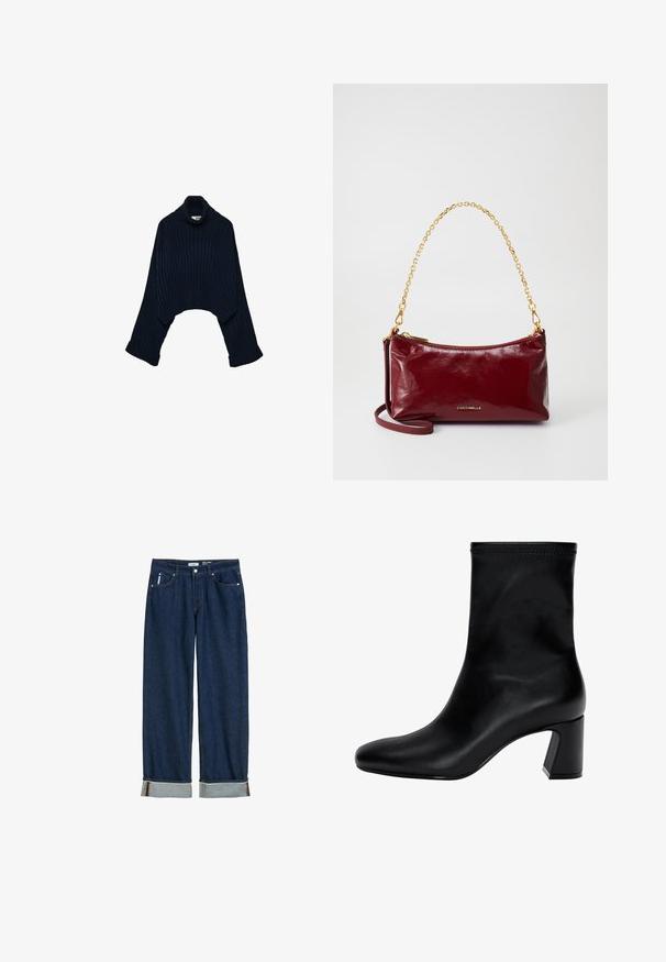 Navy ribbed turtleneck sweater with a cropped design and wide sleeves, featuring a rolled collar and folded cuffs. Soft texture.; Dark blue denim jeans with a straight leg design, folded cuffs, visible stitching, and a classic five-pocket style.; Black ankle boot made of smooth leather. Features a square toe, elasticated top, and a chunky heel for stability. Minimalist design.; Burgundy leather handbag with a smooth texture, gold chain strap, and a zip closure. Embossed logo on the front. Compact design.