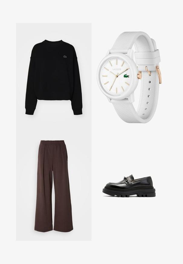 Melnas sporta krekls ar apaļu izgriezumu, nolaistām plecu šuvēm un ribota tipa aprocēm. Uz krūšu daļas ir neliels iešūts logos. Mīksta auduma tekstūra.; Brahmas brūnie bikses ar plašu kāju griezumu, elastīgu jostu un sānu kabatām. Izgatavotas no mīksta auduma ar gludu tekstūru un vienkāršu, tīru dizainu.; Melni ādas mokasīni ar masīvu, teksturētu melnu zoli un dekoratīvu siksnu virs apakšas. Gluda apdare, mūsdienīgs siluets.; Balts silikona pulkstenis ar teksturētu siksniņu, ar apaļu seju, zelta marķieriem un zaļo Lacoste logo.