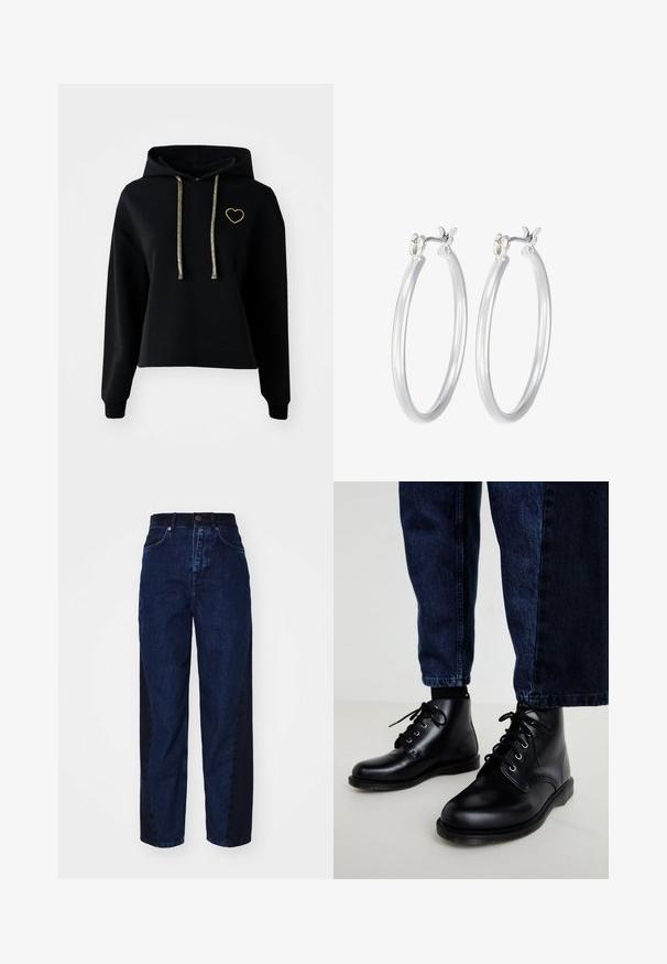 Melna kropta kapuce ar priekšējo kabatu, ar zelta sirds izšuvumu un mirdzošām zelta auklām. Izgatavota no mīksta, teksturēta auduma.; Tumši zili denim džinsi ar brīvu piegriezumu, ar kontrastējošu tumšāku sānu paneli, piecām kabatām un pogu aizdari.; Melnas ādas potītes zābaki ar apaļiem purngaliem, ar auklām un metāla acīm. Valkāti ar tumši zilām džinsu biksēm, ar taisna griezuma formu.; Sudraba riņķveida auss gredzeni ar gludu, pulētu apdari. Apaļa forma un drošs klikšķa augšējais slēgums. Viegls dizains, kas piemērots ikdienas valkāšanai.