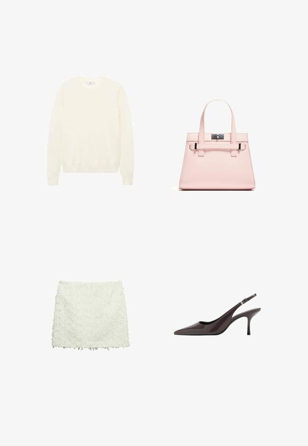 Crème kleurige trui met een klassieke ronde halslijn, geribde manchetten en zoom, en een zachte textuur. Lichtgewicht stof met een gladde afwerking.; Witte rok van textuurstof met rafelige randen en een gelaagd, gerimpeld patroon. Ontworpen met een ongevoerde binnenkant.; Puntige slingback hakken in donkerbruin lakleer, met een slanke hoge hak en een verstelbare enkelband met een gesp.; Roze gestructureerde handtas van textuurleer, met twee bovenhandvaten, een klapsluiting en contrasterende metalen accenten.