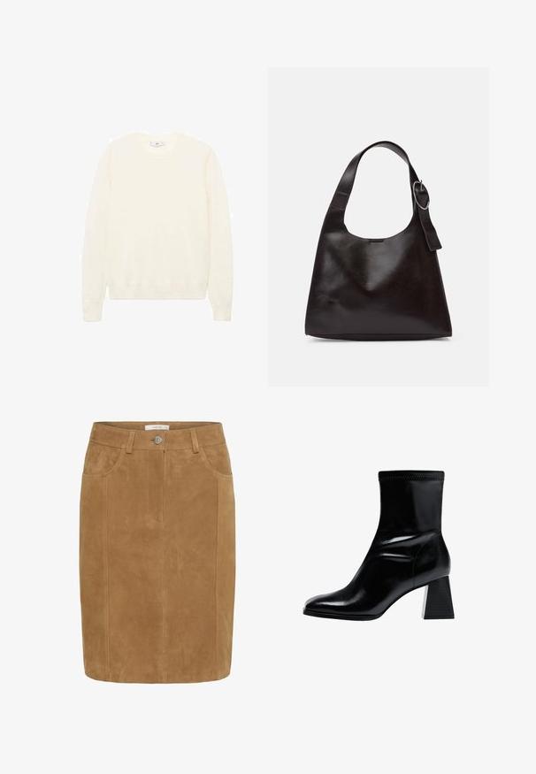 Maglione color crema con un classico collo rotondo, polsini e orlo a costine, e una texture morbida. Tessuto leggero con una finitura liscia.; Gonna a matita in suede marrone con una texture liscia, tasche frontali, chiusura con bottone e dettagli delle cuciture verticali.; Stivaletto nero realizzato in pelle liscia. Presenta un tacco a blocco con un motivo testurizzato a righe e un design della punta affusolato e elegante.; Borsa a spalla in pelle marrone con una texture liscia, forma arrotondata, ampia tracolla e un accento metallico circolare sul manico.
