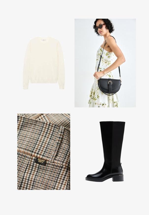 Cremfarbener Pullover mit klassischem Rundhalsausschnitt, gerippten Säumen und einem weichen Touch. Leichter Stoff mit glatter Oberfläche.; Braunes, graues und schwarzes karierter Stoff mit strukturiertem Finish. Enthält ein kleines schwarzes Etikett mit "Superdry" in goldener Schrift.; Schwarzer kniehoher Stiefel aus glattem Leder, mit markanten Nähten, klobigem Absatz und einer strukturierten Rückseite für zusätzlichen Akzent.; Schwarze Lederhandtasche mit geschwungener Form, abnehmbarem Tragegurt und goldenen Beschlägen. Die Tasche verfügt über einen Deckel mit einer Schnallen-Details.