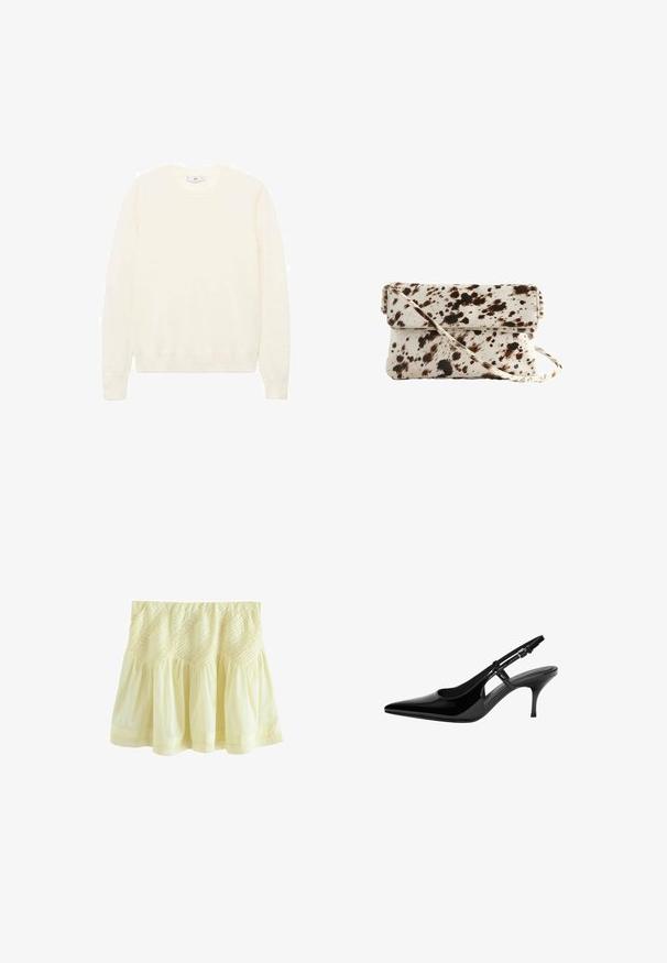 Pull crème avec un col rond classique, des poignets et un ourlet côtelés, et une texture douce. Tissu léger avec une finition lisse.; Jupe jaune à étages en tissu léger. Elle présente une texture froncée et une couture décorative le long de la taille et de l'ourlet.; Escarpin en vernis noir avec bout pointu, découpes latérales ouvertes, talon fin et bride réglable à la cheville.; Sac en vachette avec une base crème et des taches marron foncé, de forme rectangulaire, avec un rabat pliable et une bandoulière amovible.