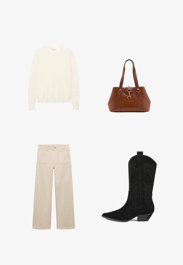 Cremfarbener Pullover mit klassischem Rundhalsausschnitt, gerippten Säumen und einem weichen Touch. Leichter Stoff mit glatter Oberfläche.; Beige weite Hose aus Baumwolle. Mit Reißverschluss, einer vorderen Knopf- und zwei aufgenähten Taschen auf der Rückseite. Sauberer Saum ohne Verzierungen.; Schwarzer Wildleder-Cowboystiefel mit spitzem Zeh, mittelhohem Schaft und Zickzack-Stichdetails. Verfügt über einen niedrigen, verjüngten Absatz.; Braune Lederhandtasche mit doppelt tragegriffen, runder Form, goldenen Beschlägen und einem zentralen Schnallen-Detail. Glatte Textur mit genähten Akzenten.