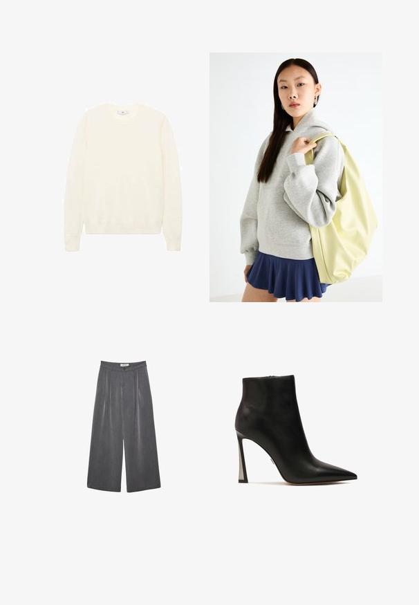 Kremasti pulover s klasičnim okruglim izrezom, rebrastim manžetama i rubom te mekom teksturom. Lagana tkanina s glatkim završetkom.; Dugi hlače širokog kroja s plitkim naborima u tamnosivoj tkanini s suptilnom teksturom. Sadrže zatvaranje na gumba i klasičan dizajn struka.; Kazar VERA - Klasične cipele s visokom petom - black; Sivi oversized dukserica s kapuljačom i kengur džepom, u kombinaciji s mornarsko plavom suknjom šireg kroja. Dodatak: velika svijetlo žuta torba, glatke teksture.