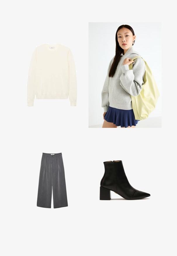 Krémový svetr s klasickým kulatým výstřihem, ribovanými manžetami a lemem, a měkkou texturou. Lehce materiál s hladkým povrchem.; Přehnuté kalhoty s širokými nohavicemi v tmavě šedé tkanině s jemnou texturou. Obsahují zapínání na knoflík a klasický design pasu.; Černá kožená kotníková bota s špičatou špičkou, blokovým podpatkem a zipovým uzávěrem na zadní straně. Hladký povrch s minimem švů.; Šedá oversized mikina s klokaní kapsou, spárovaná s námořnickou áčkovou sukní. Doplňky: velký světle žlutý batoh s hladkým povrchem.