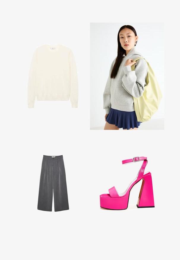 Cream-colored sweater with a classic round neckline, ribbed cuffs and hem, and a soft texture. Lightweight fabric with a smooth finish.; Pleated wide-leg trousers in a dark gray fabric with a subtle texture. Features a button closure and a classic waistband design.; Pink platform sandals with a wide square heel, ankle strap, smooth finish, and open toe design. Buckle accent at ankle.; Gray oversized hoodie with a kangaroo pocket, paired with a navy flared skirt. Accessory: large light yellow backpack, smooth texture.