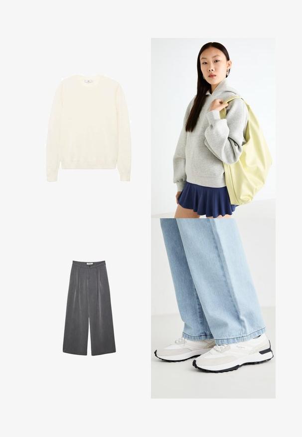 Kremna pulover s klasičnim okroglim izrezom, rebrastimi manšetami in robom ter mehkimi teksturami. Lahka tkanina z gladkim zaključkom.; Nabrane hlače širokega kroja v temnosivi tkanini z diskretno teksturo. Opremljene so z gumbom za zapiranje in klasičnim oblikovanjem pasu.; Športni superge z belim mrežastim zgornjim delom, sivi semiš poudarki, črn gumijast podplat in strukturirani dizajn na strani.; Siva prevelika kapuca s kenguru žepom, uparena s mornarsko plavom suknjom s volanima. Dodatak: veliki svijetložuti ruksak, glatke teksture.