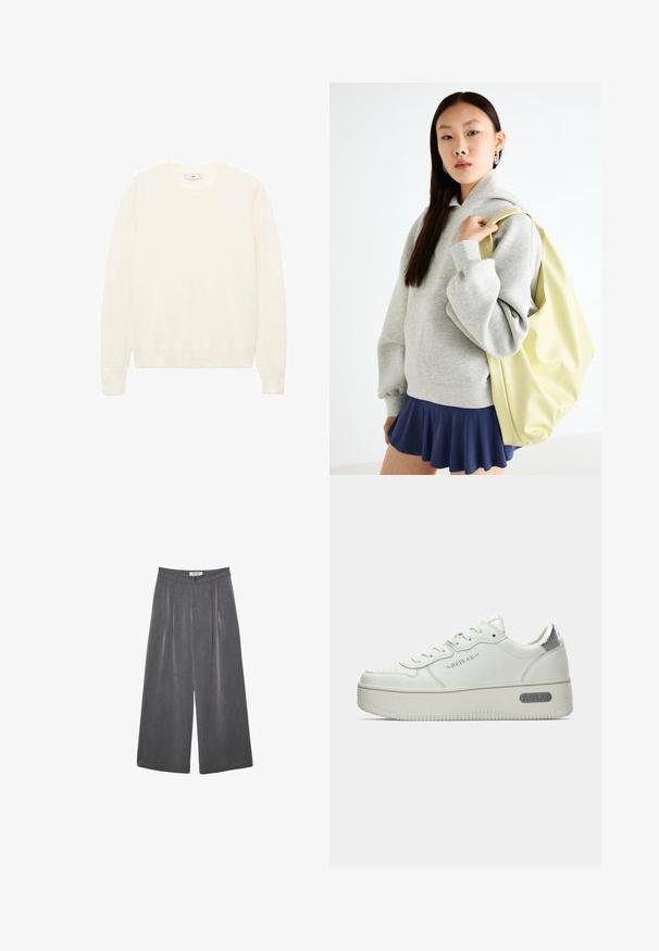 Cremefarvet sweater med en klassisk rund halsudskæring, ribstrikkede manchetter og kant, samt en blød tekstur. Letvægtsstof med en glat overflade.; Plisserede vide bukser i en mørkegrå stof med en subtil tekstur. Har en knaplukning og et klassisk talje-design.; Hvide lædersneakers med en tekstureret sål, der har en sølvmetallic hælkappe og "REPLAY" branding på siden. Minimalistisk design.; Grå oversized hoodie med en kængurulomme, parret med en marineblå flared nederdel. Accessory: stor lys gul rygsæk med en glat tekstur.