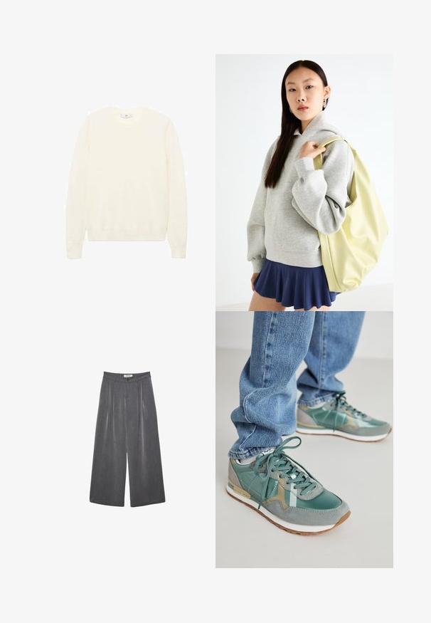 Kremasti pulover s klasičnim okruglim izrezom, rebrastim manžetama i rubom te mekom teksturom. Lagana tkanina s glatkim završetkom.; Dugi hlače širokog kroja s plitkim naborima u tamnosivoj tkanini s suptilnom teksturom. Sadrže zatvaranje na gumba i klasičan dizajn struka.; Zelene tenisice s kombinacijom kože i antilopa, s reljefnom površinom, vezicama i bijelim međupotplatom. Nosene s plavim trapericama.; Sivi oversized dukserica s kapuljačom i kengur džepom, u kombinaciji s mornarsko plavom suknjom šireg kroja. Dodatak: velika svijetlo žuta torba, glatke teksture.