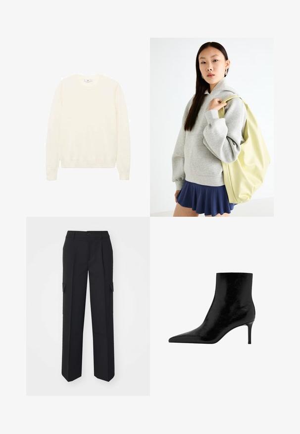 Crème kleurige trui met een klassieke ronde halslijn, geribde manchetten en zoom, en een zachte textuur. Lichtgewicht stof met een gladde afwerking.; Zwarte cargobroek met een rechte pijpontwerp, voorzien van zijzakken, een voorknoopsluiting en gemaakt van een gestructureerde stof.; Zwarte enkelboot met een puntige neus, gemaakt van glanzend leer. Beschikt over een stilettohak en een gladde textuur. Geen zichtbare versieringen.; Grijze oversized hoodie met een buideltas, gecombineerd met een marineblauwe vlaggenrok. Accessoire: grote lichtgele rugzak, gladde textuur.