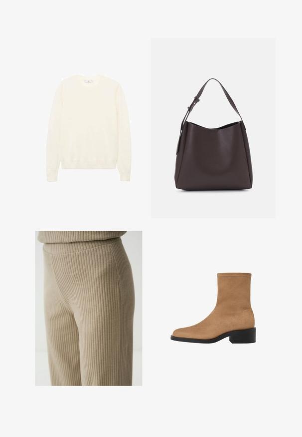 Kremowy sweter z klasycznym okrągłym dekoltem, prążkowanymi mankietami i dołem oraz miękką teksturą. Lekki materiał o gładkim wykończeniu.; Beżowe spodnie z prążkowanej tkaniny o lekko błyszczącym wykończeniu, charakteryzujące się wysmuklonym krojem i gładką fakturą, zwężające się do prostych nogawek.; Beżowe zamszowe botki za kostkę z kwadratowym noskiem, niskim słupkowym obcasem i bezszwem designem. Posiada delikatne przeszycia wzdłuż krawędzi.; Vero Moda VMLANE ciemnobrązowy