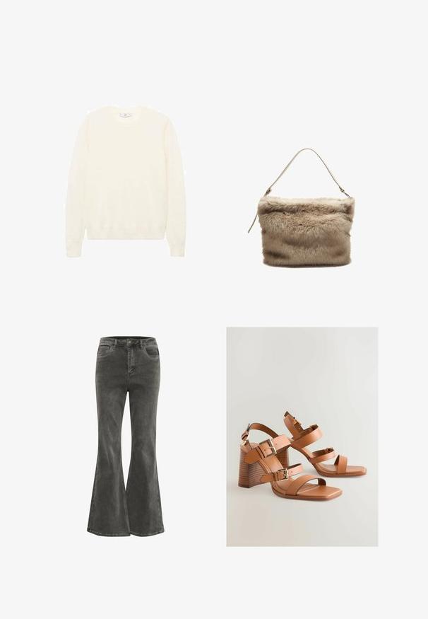 Cremfarbener Pullover mit klassischem Rundhalsausschnitt, gerippten Säumen und einem weichen Touch. Leichter Stoff mit glatter Oberfläche.; Kaffe KASINEM - Flared Jeans - medium grey denim; Braune Leder-High-Heel-Sandalen mit mehreren Riemen, goldenen Hardware-Elementen und einem schrägen Blockabsatz. Glatte Textur, offenes Zehen-Design.; Faux-Fur-Handtasche in hellbeige mit einer weichen, strukturierten Oberfläche. Sie verfügt über einen einzelnen dünnen Träger und hat eine rechteckige Form mit einem flauschigen oberen Rand.