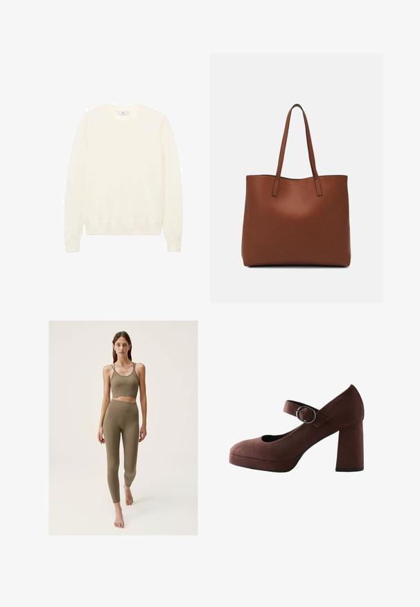 Krémový svetr s klasickým kulatým výstřihem, ribovanými manžetami a lemem, a měkkou texturou. Lehce materiál s hladkým povrchem.; Khaki sportovní set obsahující přiléhavý krátký top s tenkými ramínky a legíny s vysokým pasem, které mají žebrovanou strukturu a švy.; Hnědý semišový bot Mary Jane se širokým podpatkem, kulatou špičkou, nastavitelným páskem kolem kotníku a platformou vpředu. Má hladkou texturu.; Hnědá kožená taška přes rameno s hladkou texturou, otevřeným designem a dvěma ramenními popruhy. Obsahuje minimální švy a žádné viditelné kovové prvky.