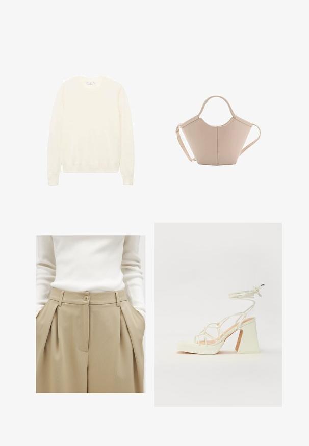 Kremowy sweter z klasycznym okrągłym dekoltem, prążkowanymi mankietami i dołem oraz miękką teksturą. Lekki materiał o gładkim wykończeniu.; NA-KD - Spodnie materiałowe; Biała sandał na wysokim obcasie z masywnym słupkiem, z paskowym wzorem i wiązaniem przy kostce. Gładka faktura z platformą z przodu dla dodatkowej wysokości.; Beżowa skórzana torebka o unikalnym kształcie, z dwoma krótkimi uchwytami i długim, regulowanym paskiem. Gładka tekstura z minimalną ilością elementów metalowych.