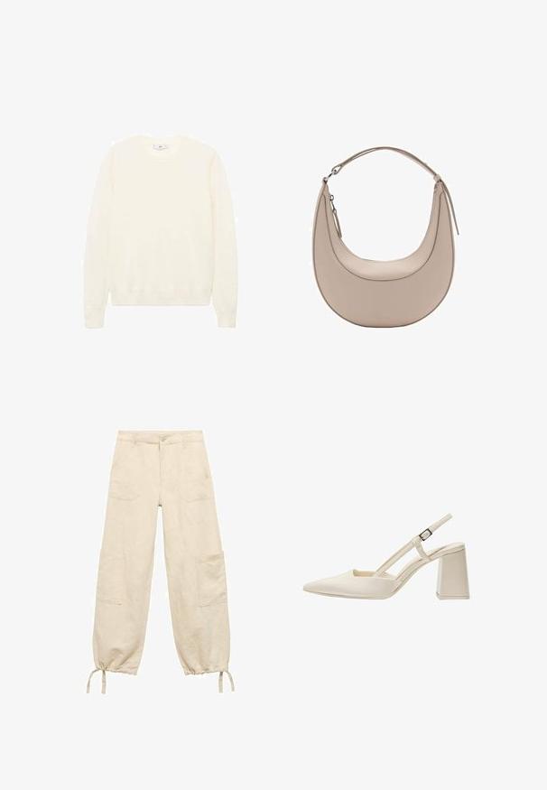 Kremasti pulover s klasičnim okruglim izrezom, rebrastim manžetama i rubom te mekom teksturom. Lagana tkanina s glatkim završetkom.; Bež cargo hlače opuštenog kroja, izrađene od laganog materijala. Imaju bočne džepove, manžete s vezicom i zatvaranje na gumb.; Bež sandale s otvorenom petom, s uskim vrhom, sjajnim paten završetkom, srednjom blok petom i podesivim remenom. Minimalistički dizajn s otvorenim stranama.; Bež kožna torba za rame u obliku polumjeseca, glatke teksture i s jednim zakrivljenim ručkom. Sadrži zatvor na zip i uredno šivenje.