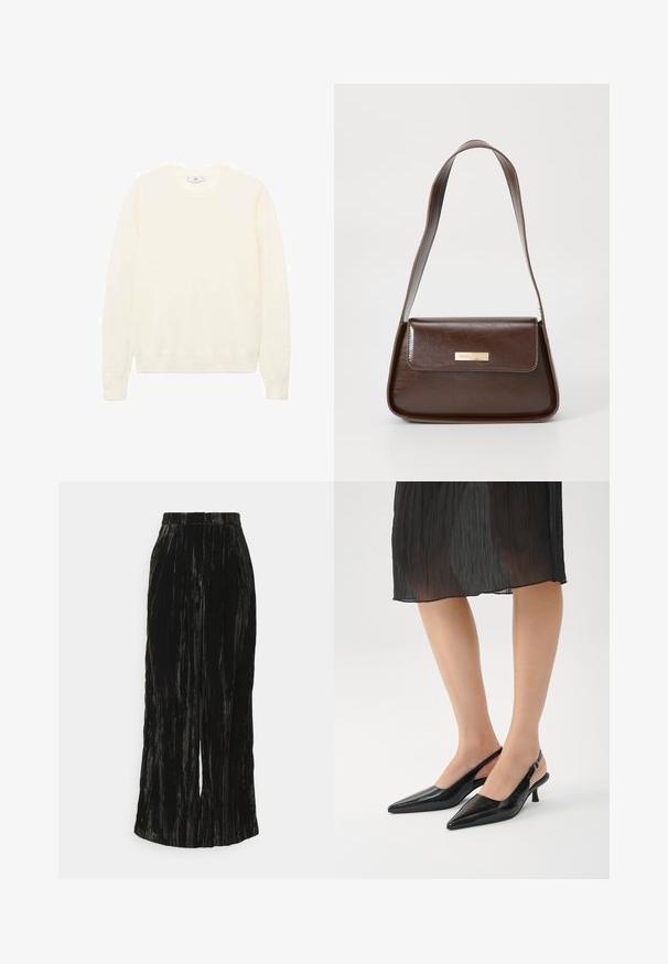 Cremfarbener Pullover mit klassischem Rundhalsausschnitt, gerippten Säumen und einem weichen Touch. Leichter Stoff mit glatter Oberfläche.; Schwarze, plissierte, weit geschnittene Hose aus einem strukturierten Stoff, mit vertikalen Streifen und einem Bund ohne sichtbare Beschläge.; Schwarze Slingback-High Heels mit spitzem Zehenbereich und glänzender Oberfläche, schlankem Absatz und offenem Rückendesign. Strukturmuster auf dem Obermaterial.; Braune Lederschultertasche mit strukturierter Form, ausgestattet mit einem magnetischen Klappenverschluss und einem metallischen Logoakzent auf der Vorderseite.
