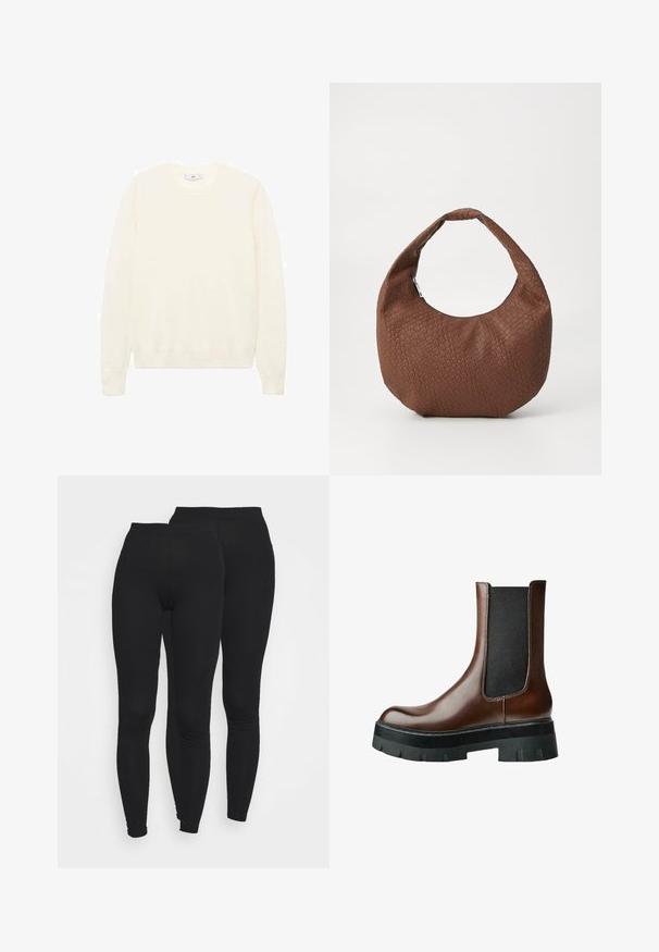 Pull crème avec un col rond classique, des poignets et un ourlet côtelés, et une texture douce. Tissu léger avec une finition lisse.; Leggings noirs avec une taille élastique, fabriqués dans un tissu lisse et extensible. Présentent un design ajusté se rétrécissant aux chevilles.; Bottine en cuir marron avec panneau latéral élastique noir et semelle épaisse en caoutchouc noir. Texture lisse avec un minimum de coutures visibles.; Sac à main tressé marron avec une forme arrondie, doté d'une seule anse rembourrée et d'une surface texturée. Aucun matériel ou accent visible.