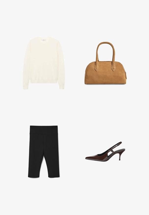 Krämfärgad tröja med klassisk rund halsringning, ribbade muddar och nederkant samt en mjuk textur. Lättviktsmaterial med en slät yta.; Svarta knälånga leggings i stretchig kvalitet, med en bred midja och platta sömmar för komfort. Inga synliga mönster eller detaljer.; Bruna patenterade läderslingback pumps med spetsig tå, öppna utskärningar och en tunn klack. Har ett justerbart spänne.; Tan mockasinsväska med en strukturerad form, som har två handtag, triangulära utskärningar och en dragkedja längst upp för stängning.